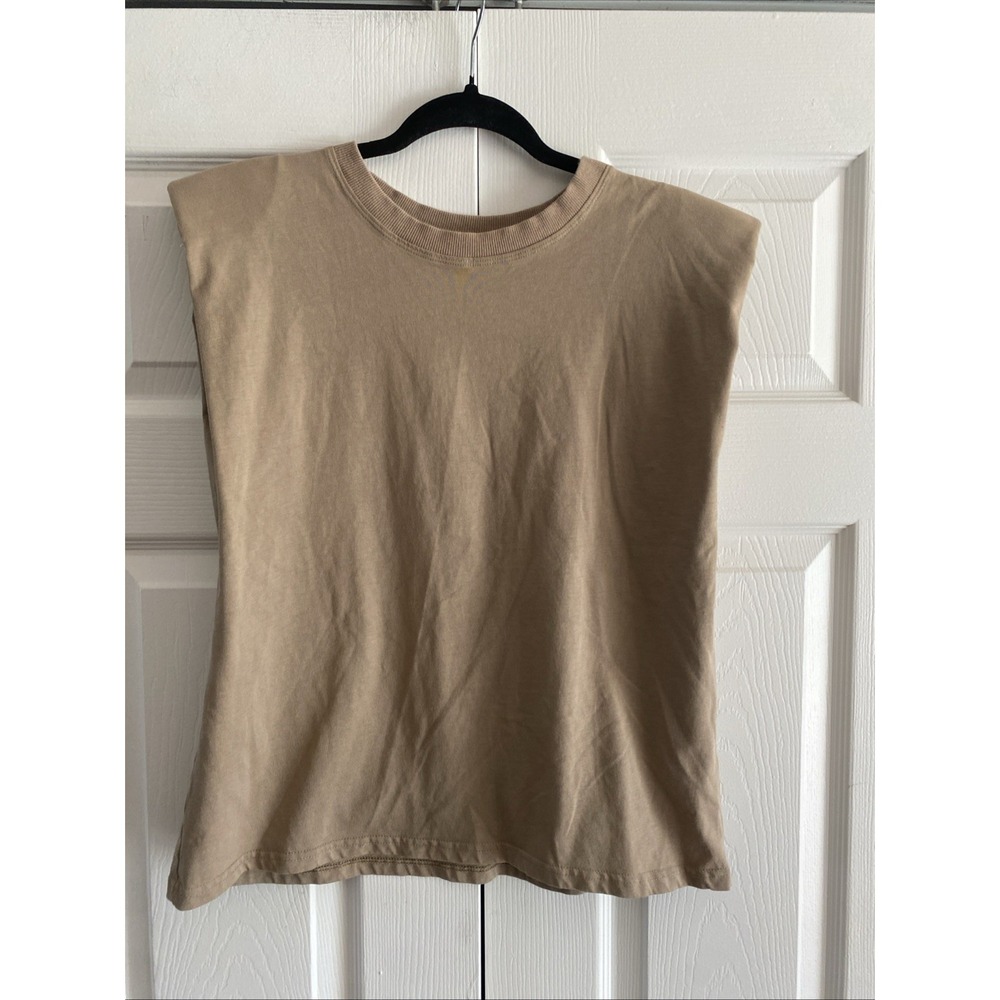 Aaron  Amber Shoulder Pad Muscle Tee Tank‎ Womens Size S Tan Beige Cotton Clean
